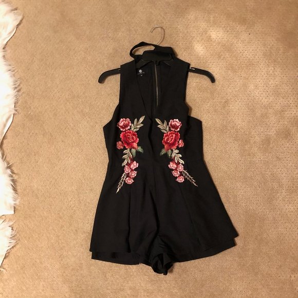 Black Romper with Embroidered Flowers - Picture 2 of 3